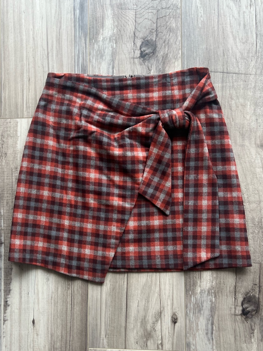 Wilfred Red and Gray Plaid Tie-Waist Mini Skirt